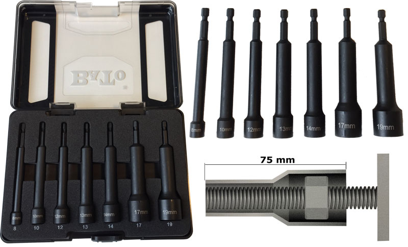 Skruvhållarsats 1/4" lång 110mm 8-19mm 7-delar