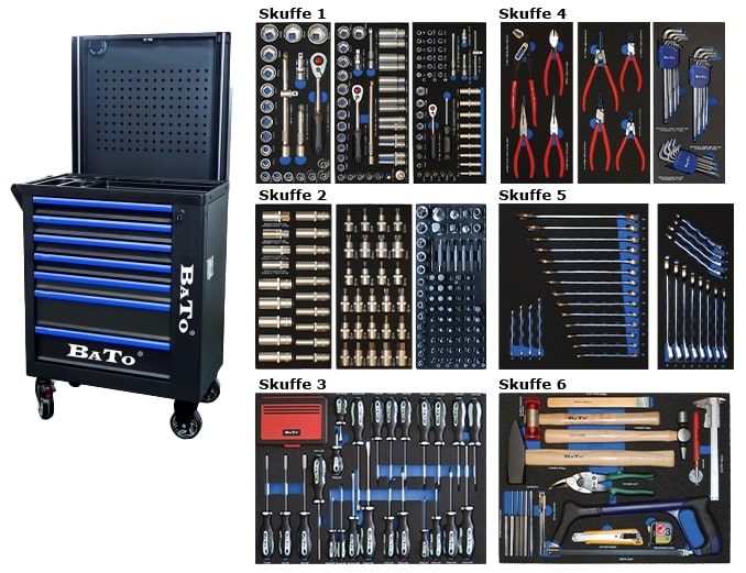 Verktygsvagn m. verktygstavla, 7 lådor och gavelskåp, 468-delar verktyg