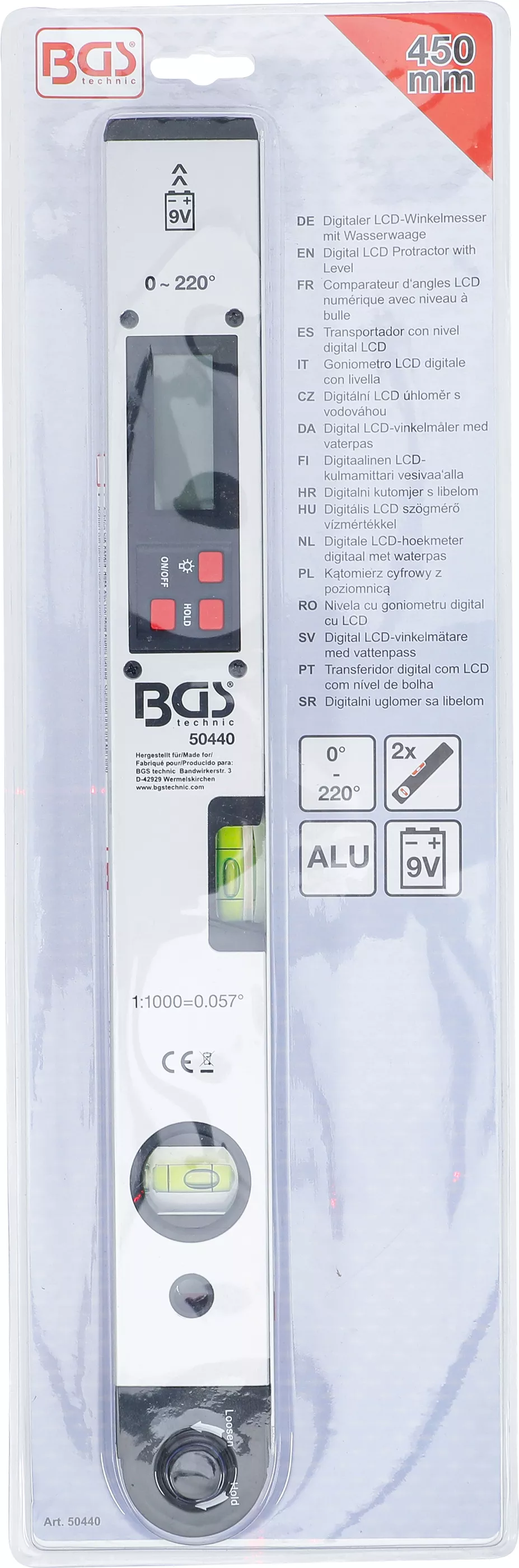 Digital LCD-vinkelmätare med vattenpass, 450mm