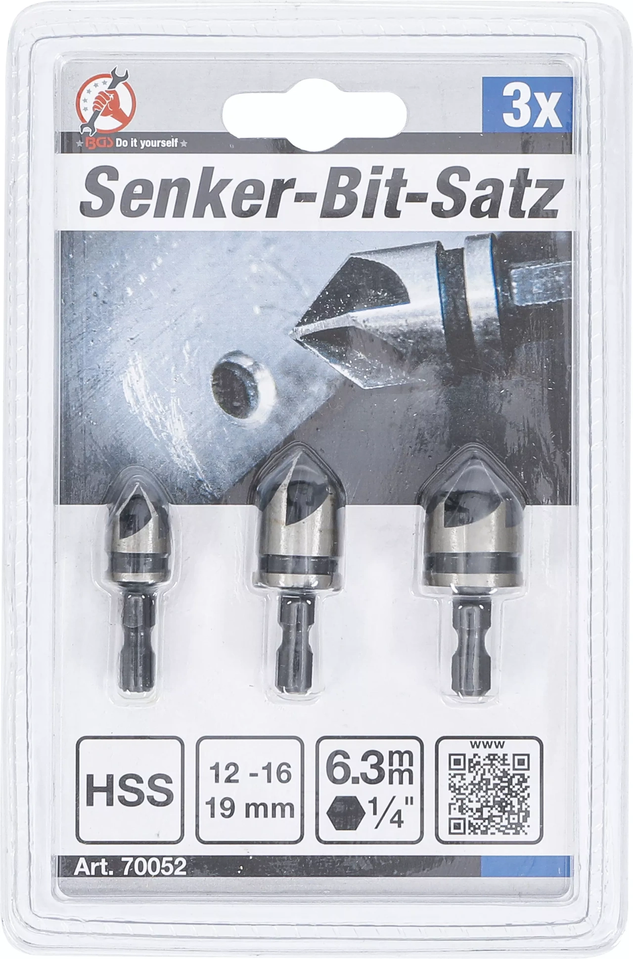 Försänkarsats HSS med bitsfäste 1/4" Ø 12, 16, 19mm 3-delar