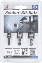 Försänkarsats HSS med bitsfäste 1/4" Ø 12, 16, 19mm 3-delar