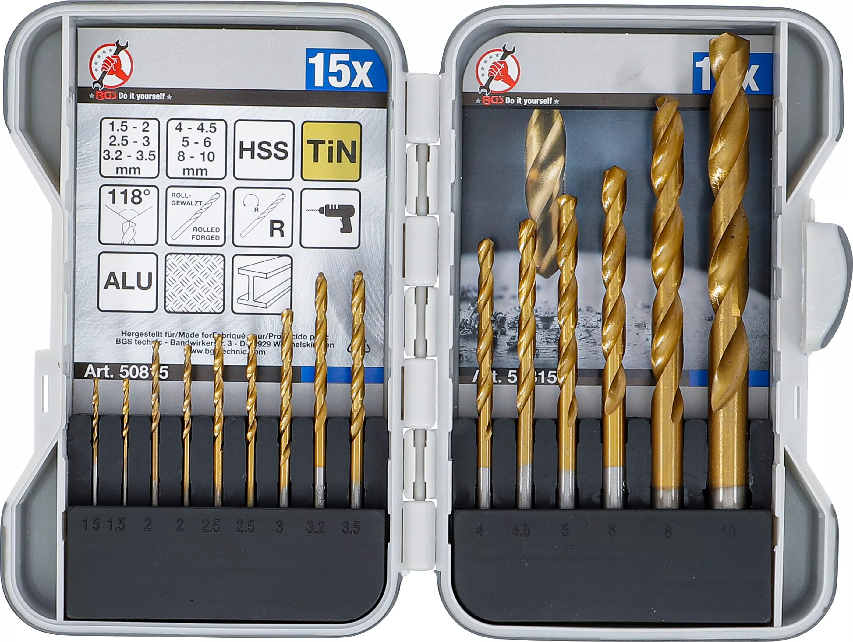 HSS-Spiralborr-sats | titan-nitrerat | 1,5 - 10 mm | 15 delar