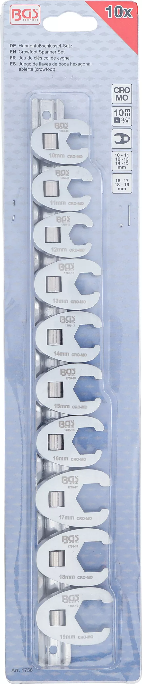 Kråkfotsnyckel-sats | 10 mm (3/8") | 10 - 19 mm | 10 delar