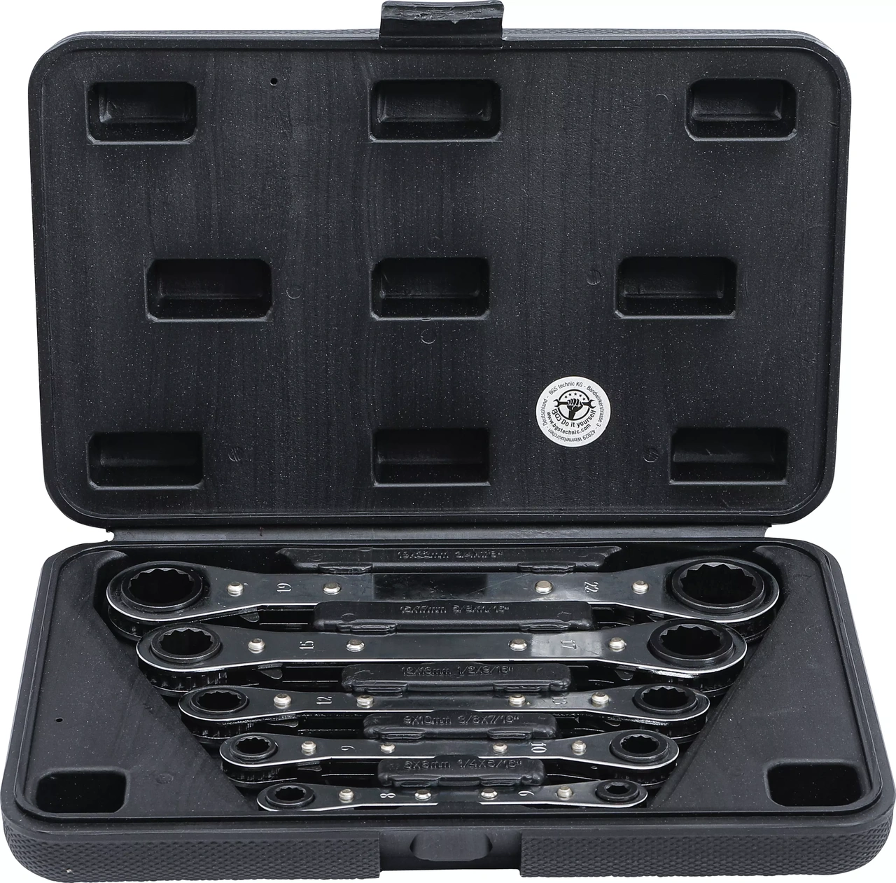 Spärr-ringnyckel-sats, rak, med omkastare | 6 x 8 - 19 x 22 mm | 5 delar