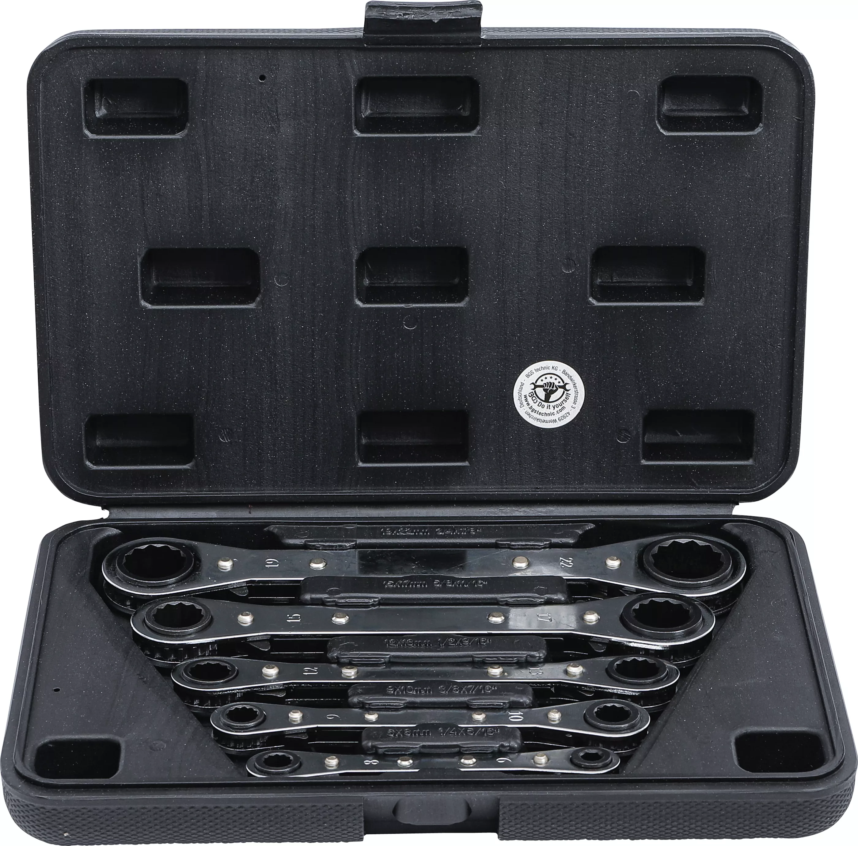 Spärr-ringnyckel-sats, rak, med omkastare | 6 x 8 - 19 x 22 mm | 5 delar