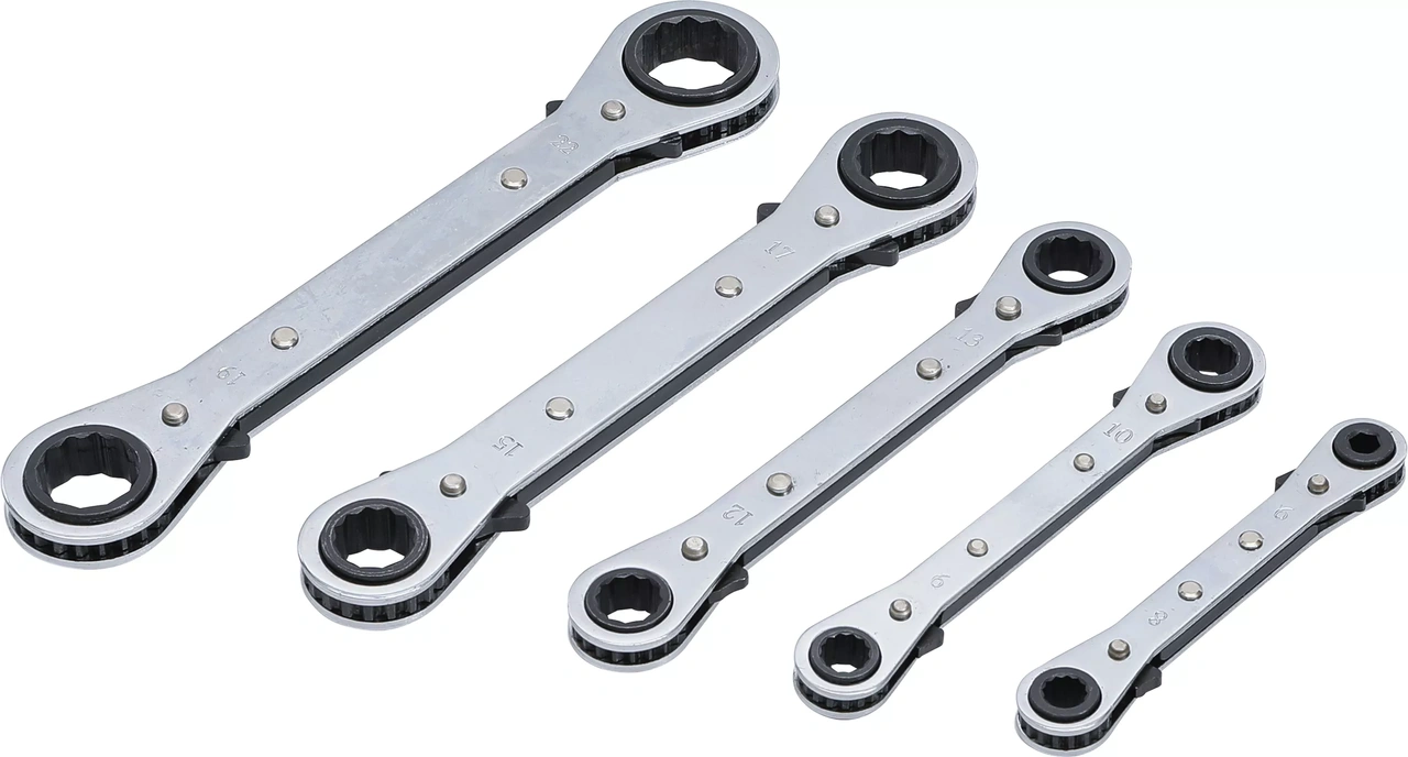 Spärr-ringnyckel-sats, rak, med omkastare | 6 x 8 - 19 x 22 mm | 5 delar