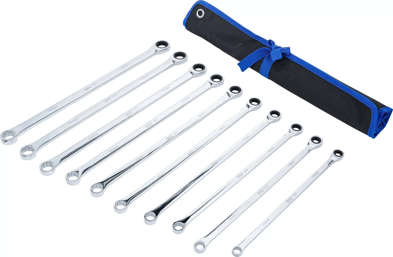 Spärring- och ringnyckelsats | extra lång | 10 - 19 mm | 10 delar