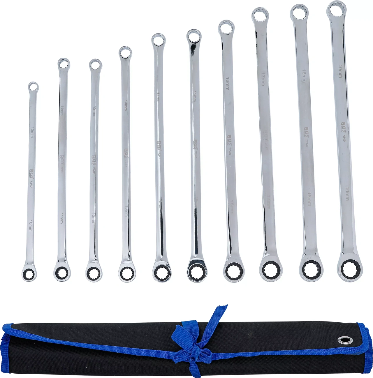 Spärring- och ringnyckelsats | extra lång | 10 - 19 mm | 10 delar