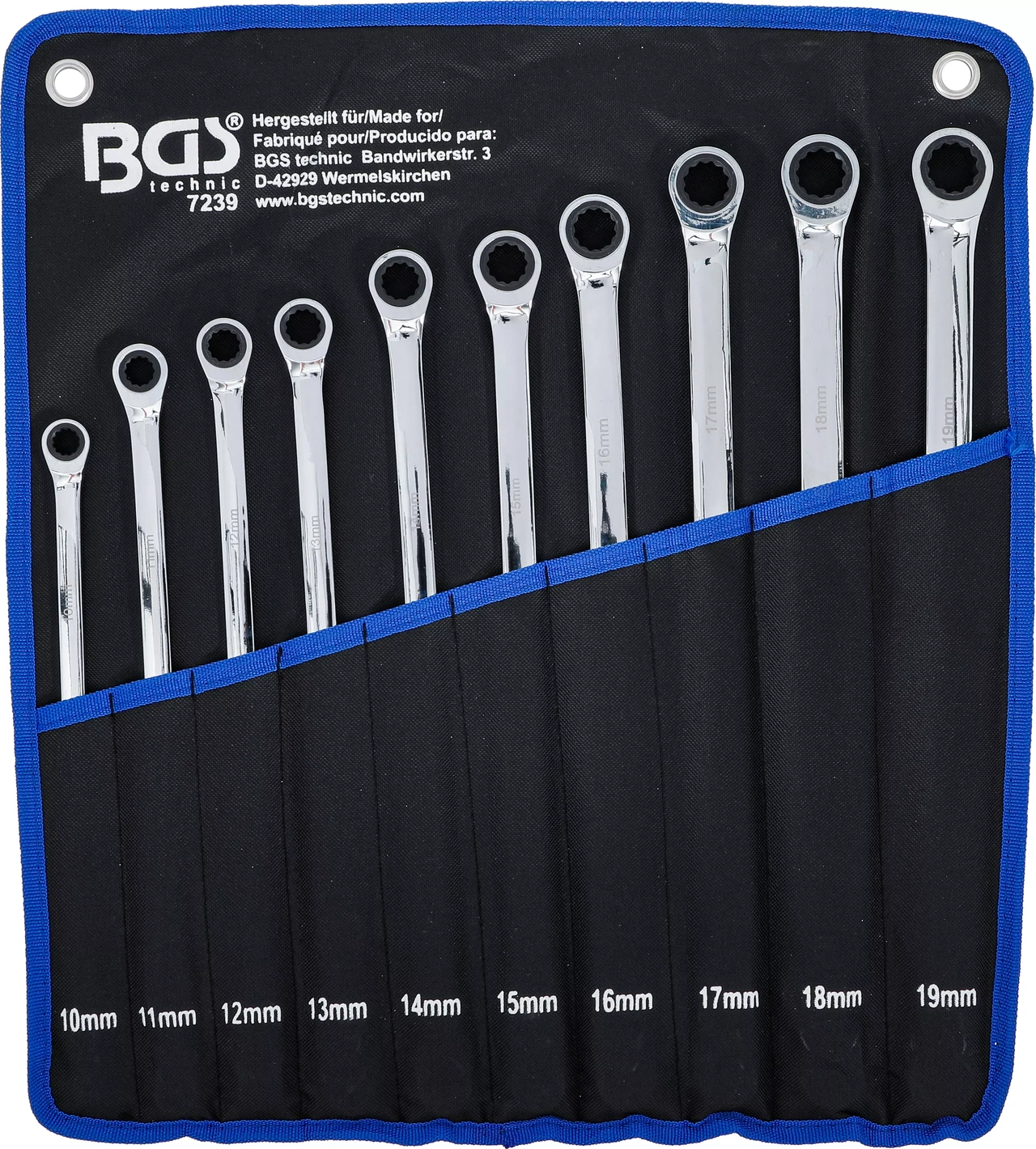 Spärring- och ringnyckelsats | extra lång | 10 - 19 mm | 10 delar