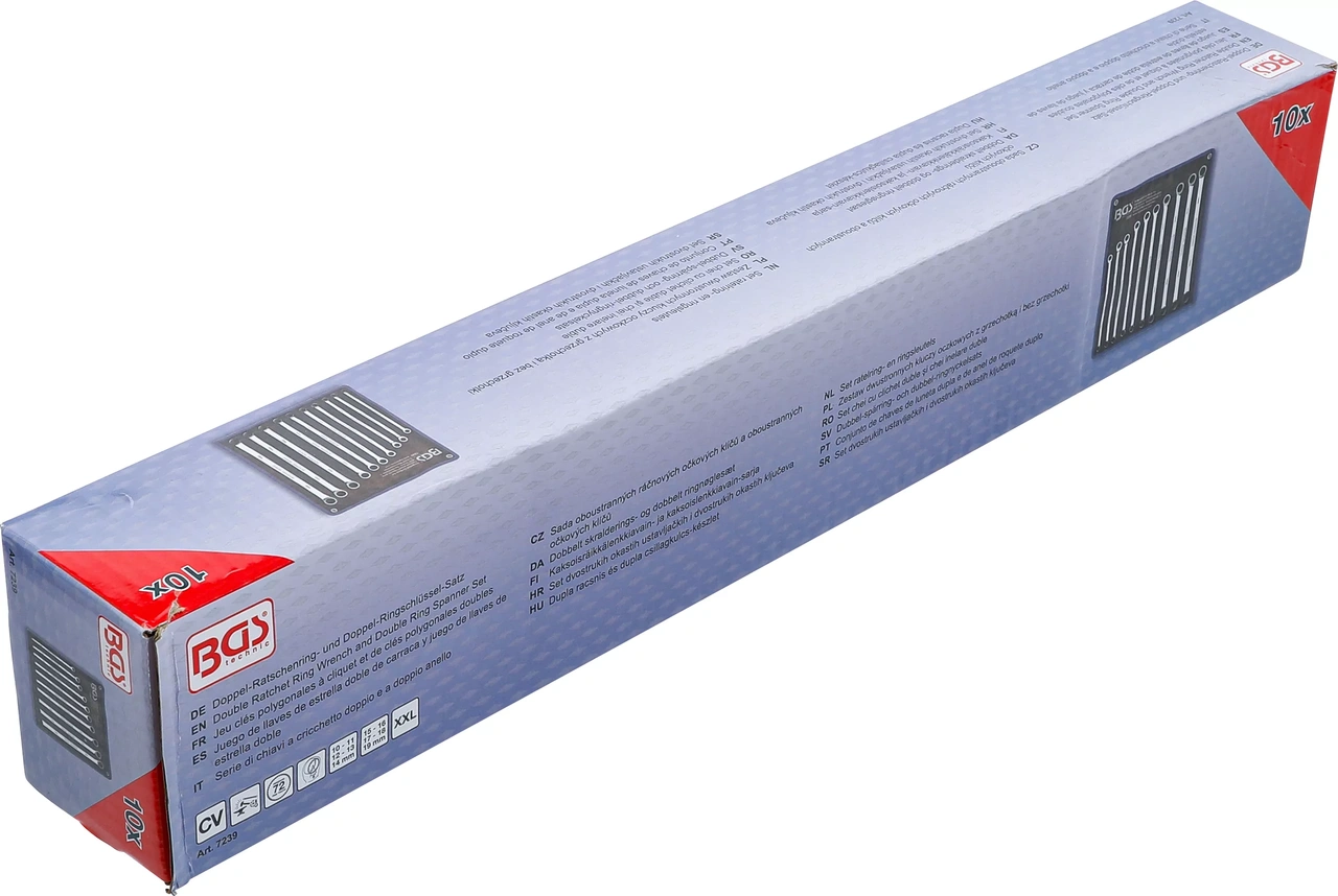 Spärring- och ringnyckelsats | extra lång | 10 - 19 mm | 10 delar