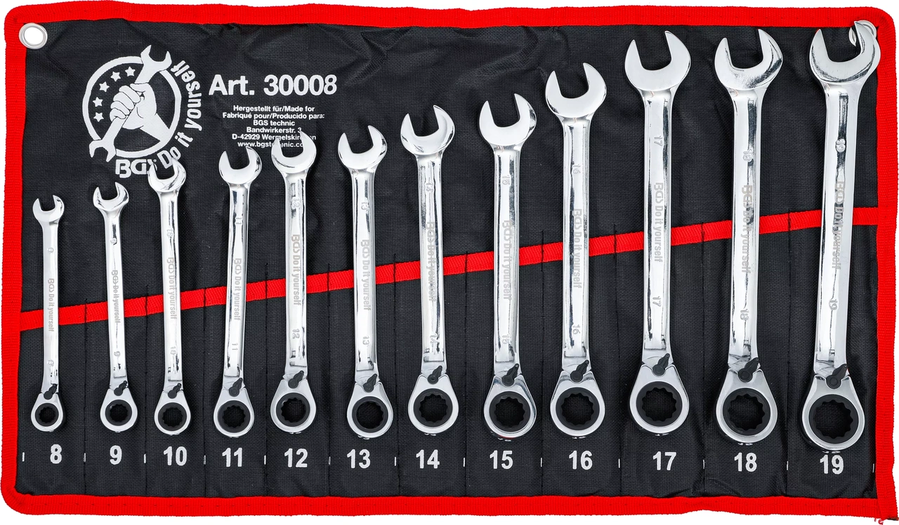 Spärring-U-nyckel-sats | med omkastare | 8 - 19 mm | 12 delar