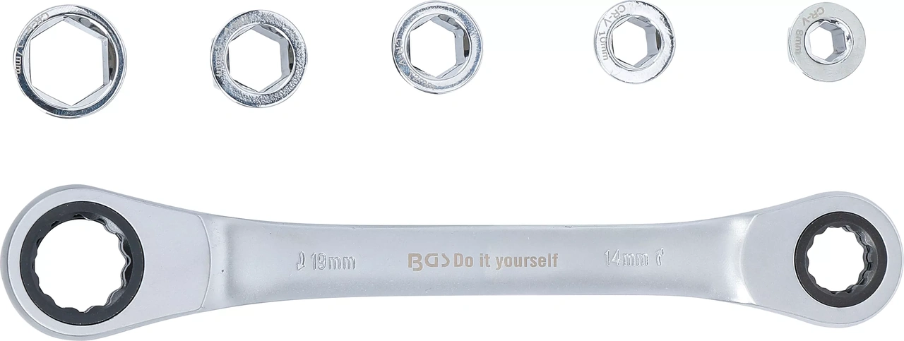 Spärr-ringnyckel med adaptersats | 8 - 19 mm | 6 delar