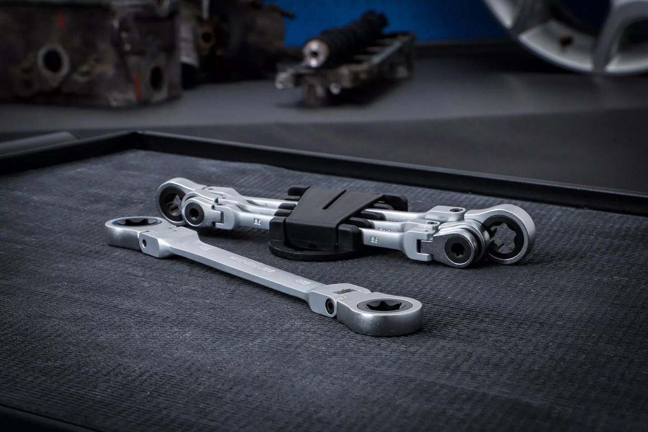 Dubbel-spärr-ringnyckel-sats | vinkelbar | Med E-profil-ringar | E6 - E24 | 4 delar