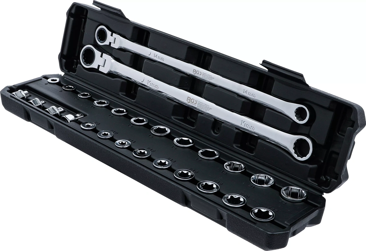 Dubbelring- och spärring-lednyckel-sats | extra lång | 27 delar