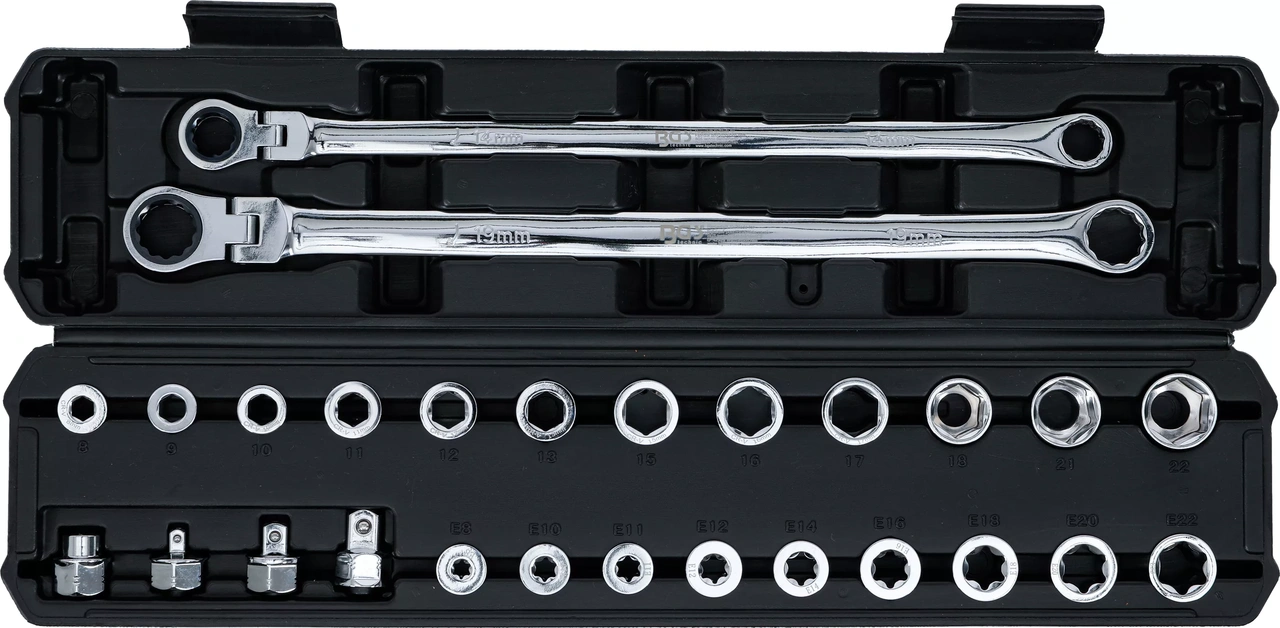 Dubbelring- och spärring-lednyckel-sats | extra lång | 27 delar