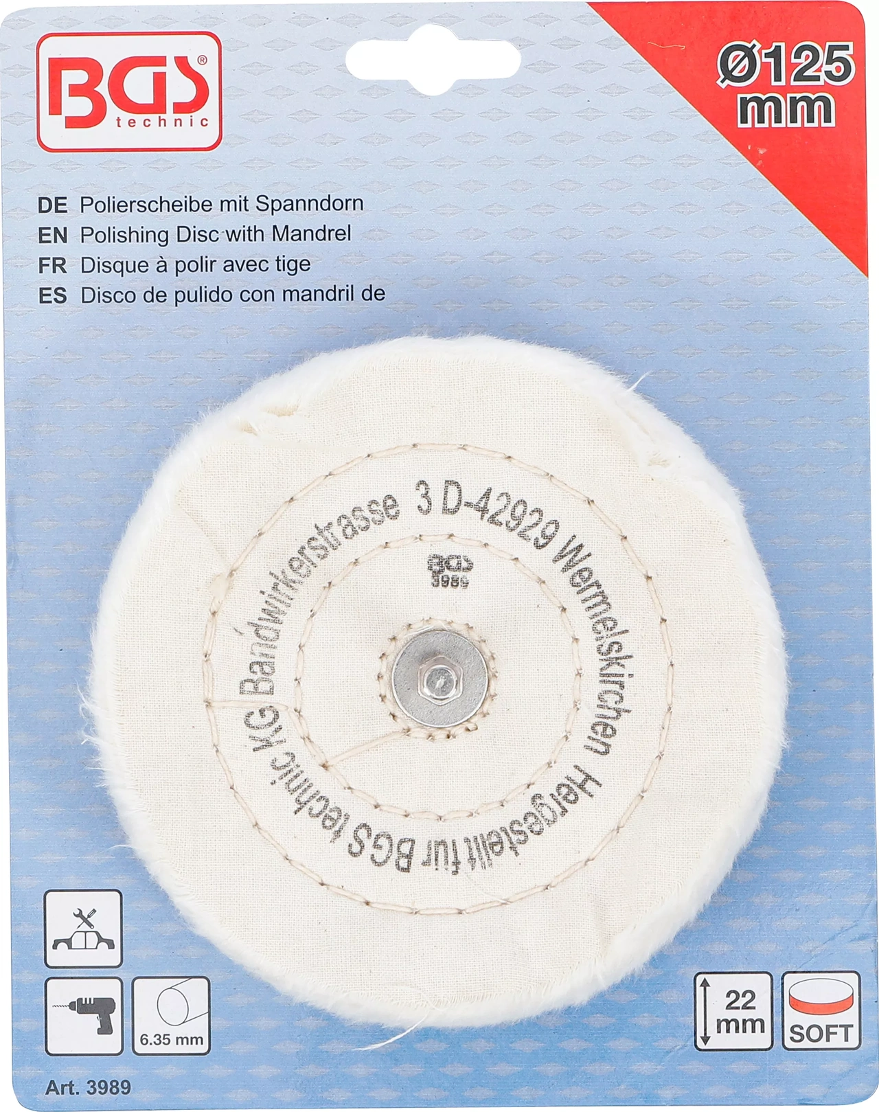 Polerskiva 125 x 22mm med axeltapp 6 mm