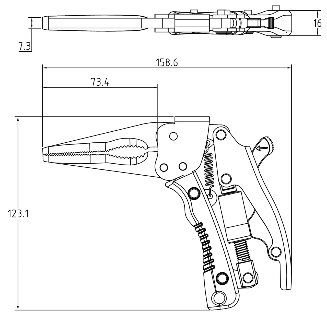 Långkäftad griptång | med pistolhandtag | 170 mm