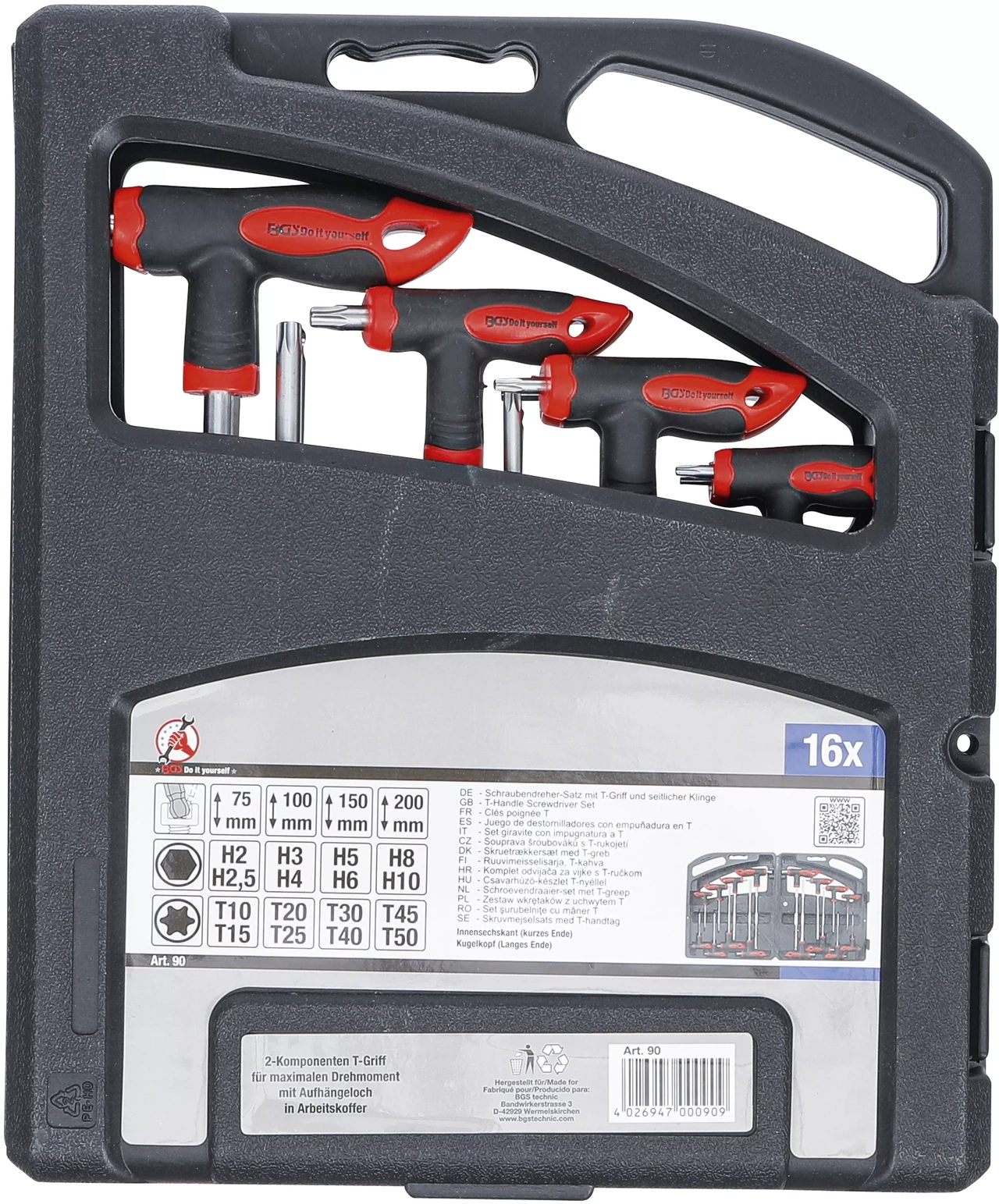 Skruvmejselsats med T-handtag och klinga på sidan | Inre sexkant / T-Profil (för Torx) 16 delar