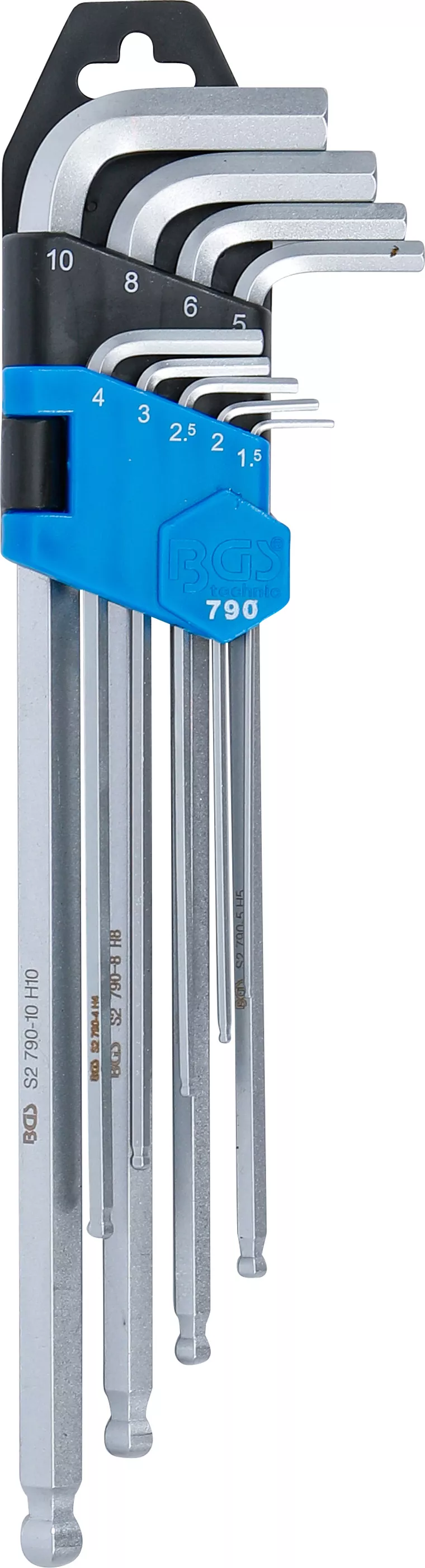 Vinkelnyckel-sats | extra lång | Inre sexkant / Inre sexkant med kulhuvud 1,5 - 10 mm | 9 delar