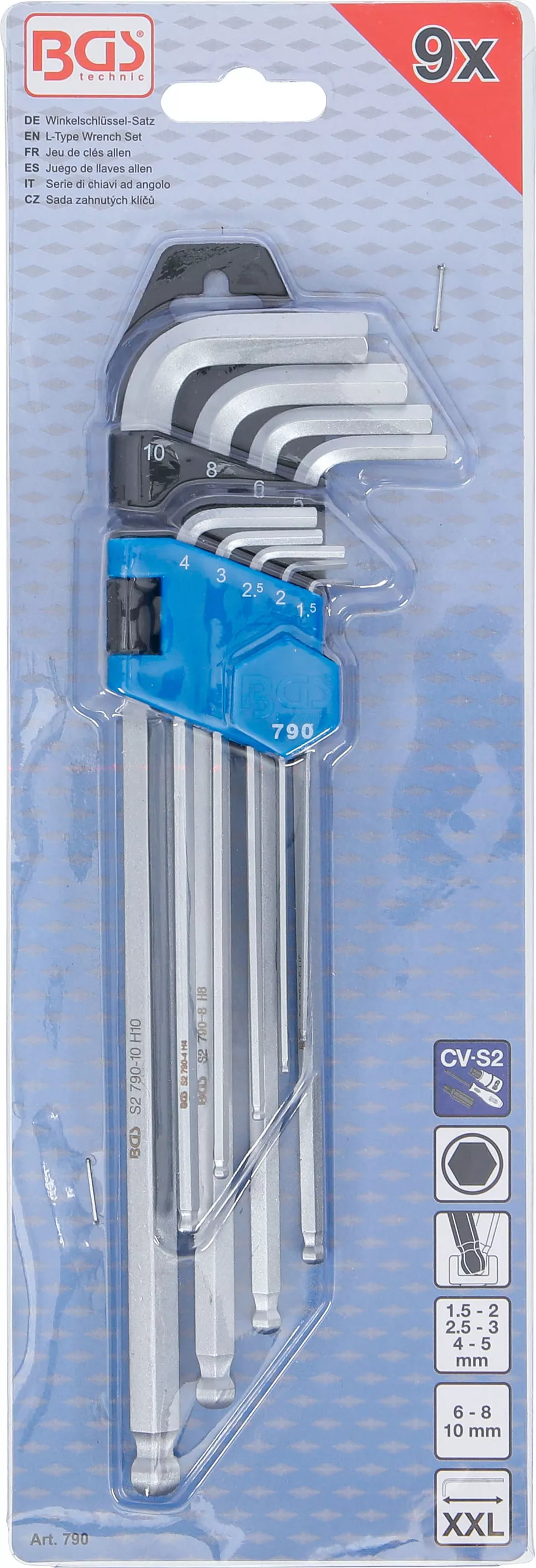 Vinkelnyckel-sats | extra lång | Inre sexkant / Inre sexkant med kulhuvud 1,5 - 10 mm | 9 delar