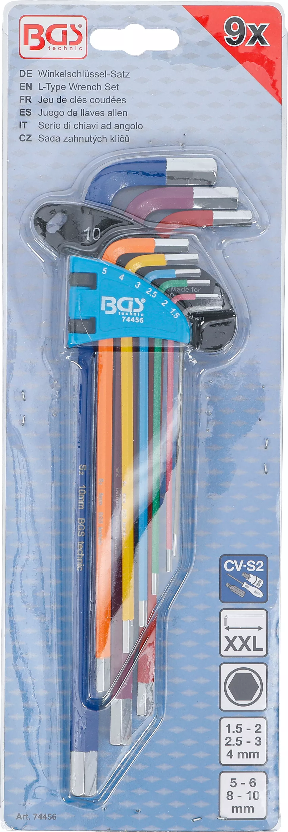 Vinkelnyckel-sats | Multicolour | extra lång | Inre sexkant 1,5 - 10 mm | 9 delar