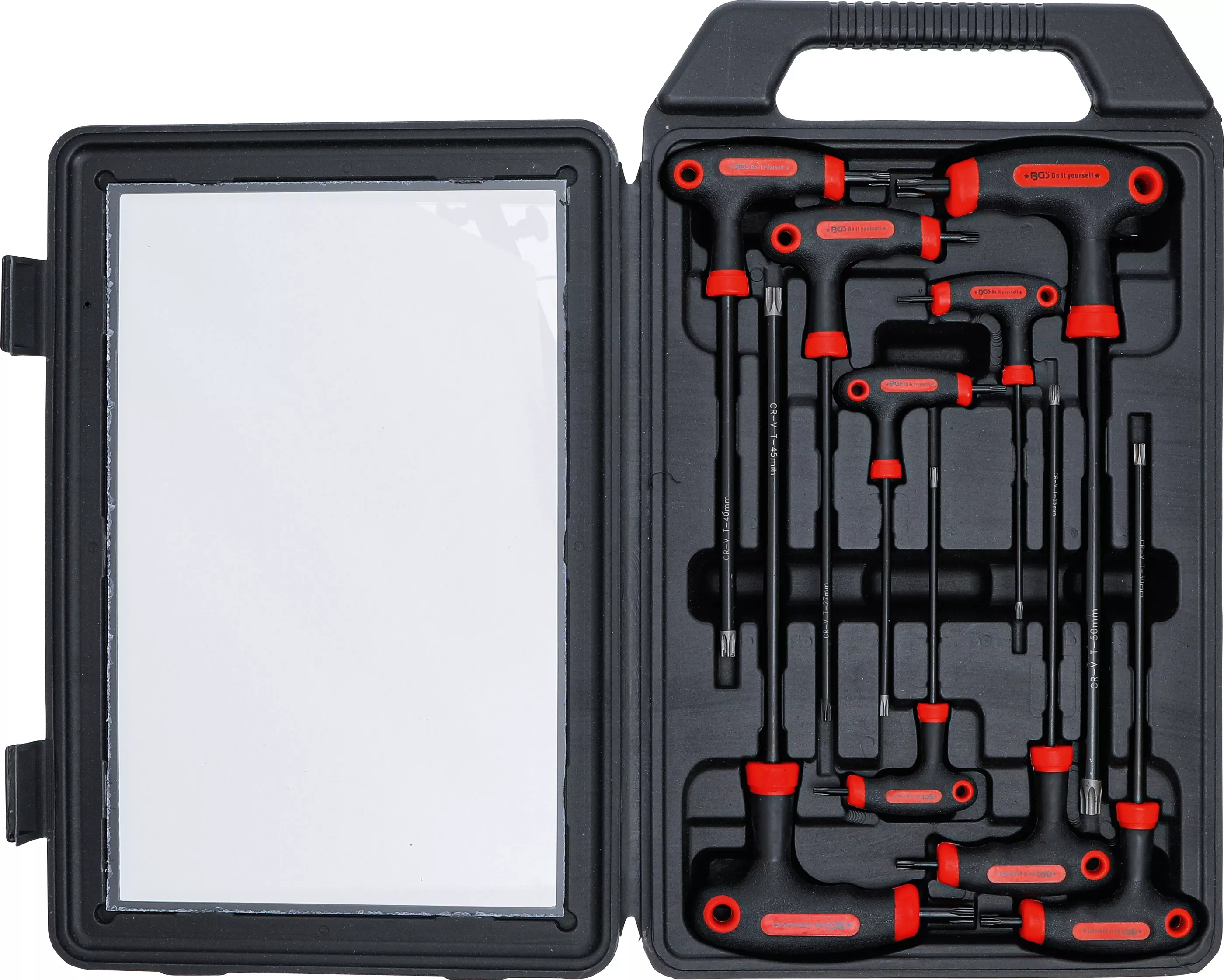 Skruvmejselsats med T-handtag och klinga på sidan | T-Profil (för Torx) med borrning | T10 - T50 | 9 delar