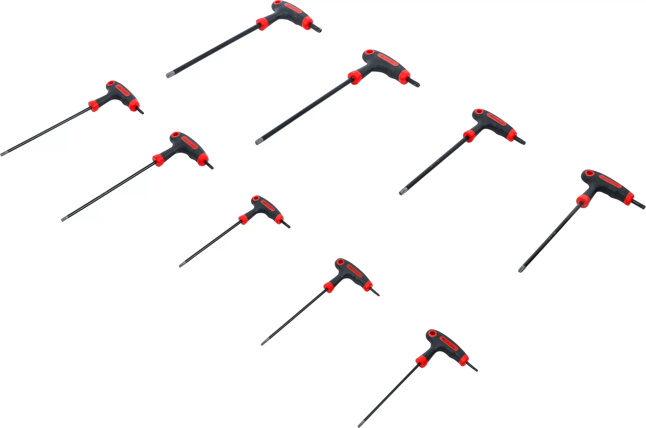 Skruvmejselsats med T-handtag och klinga på sidan | T-Profil (för Torx) med borrning | T10 - T50 | 9 delar