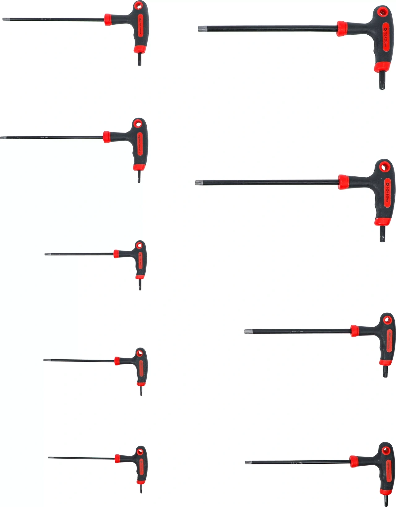 Skruvmejselsats med T-handtag och klinga på sidan | T-Profil (för Torx) med borrning | T10 - T50 | 9 delar