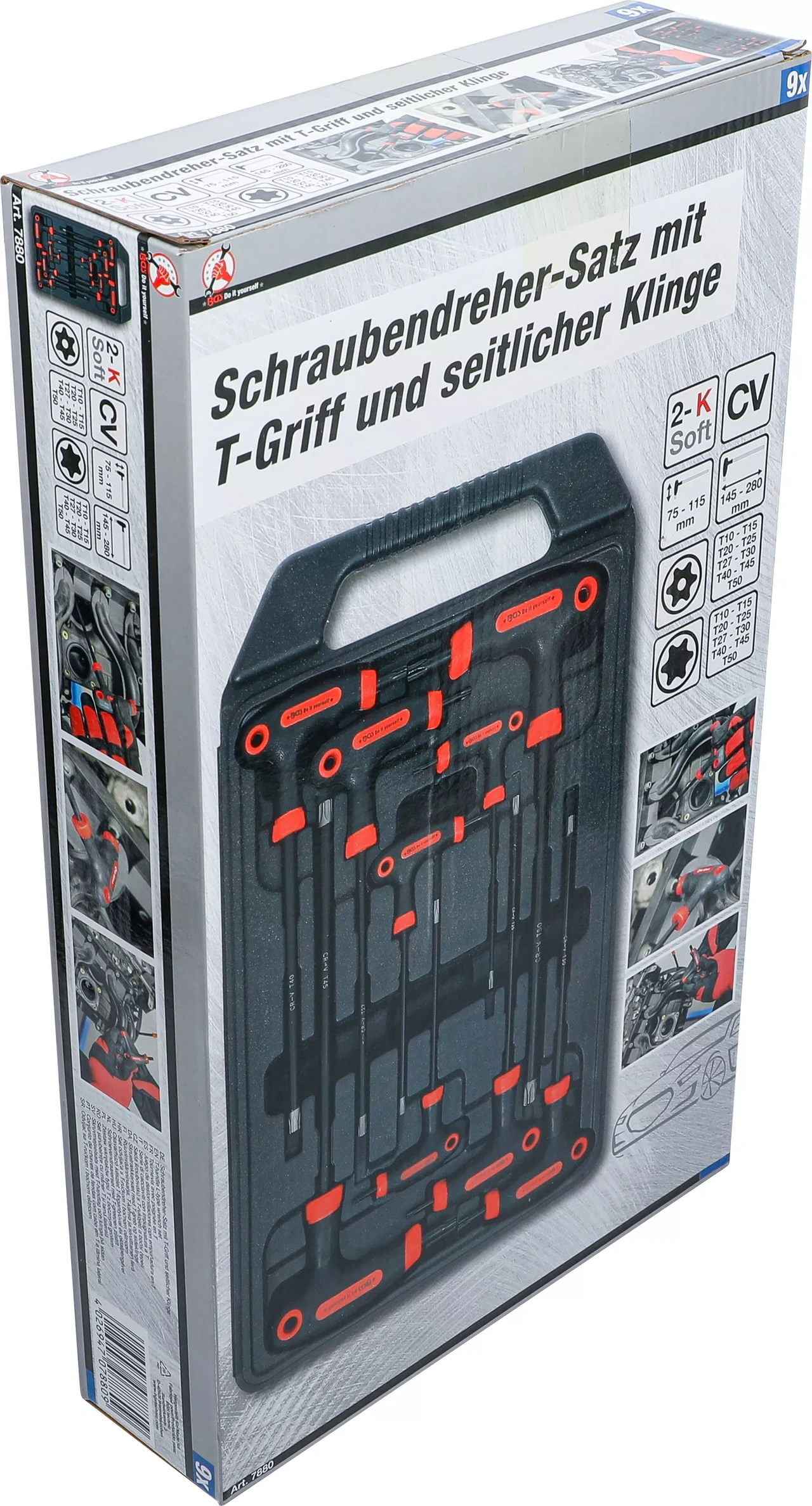 Skruvmejselsats med T-handtag och klinga på sidan | T-Profil (för Torx) med borrning | T10 - T50 | 9 delar