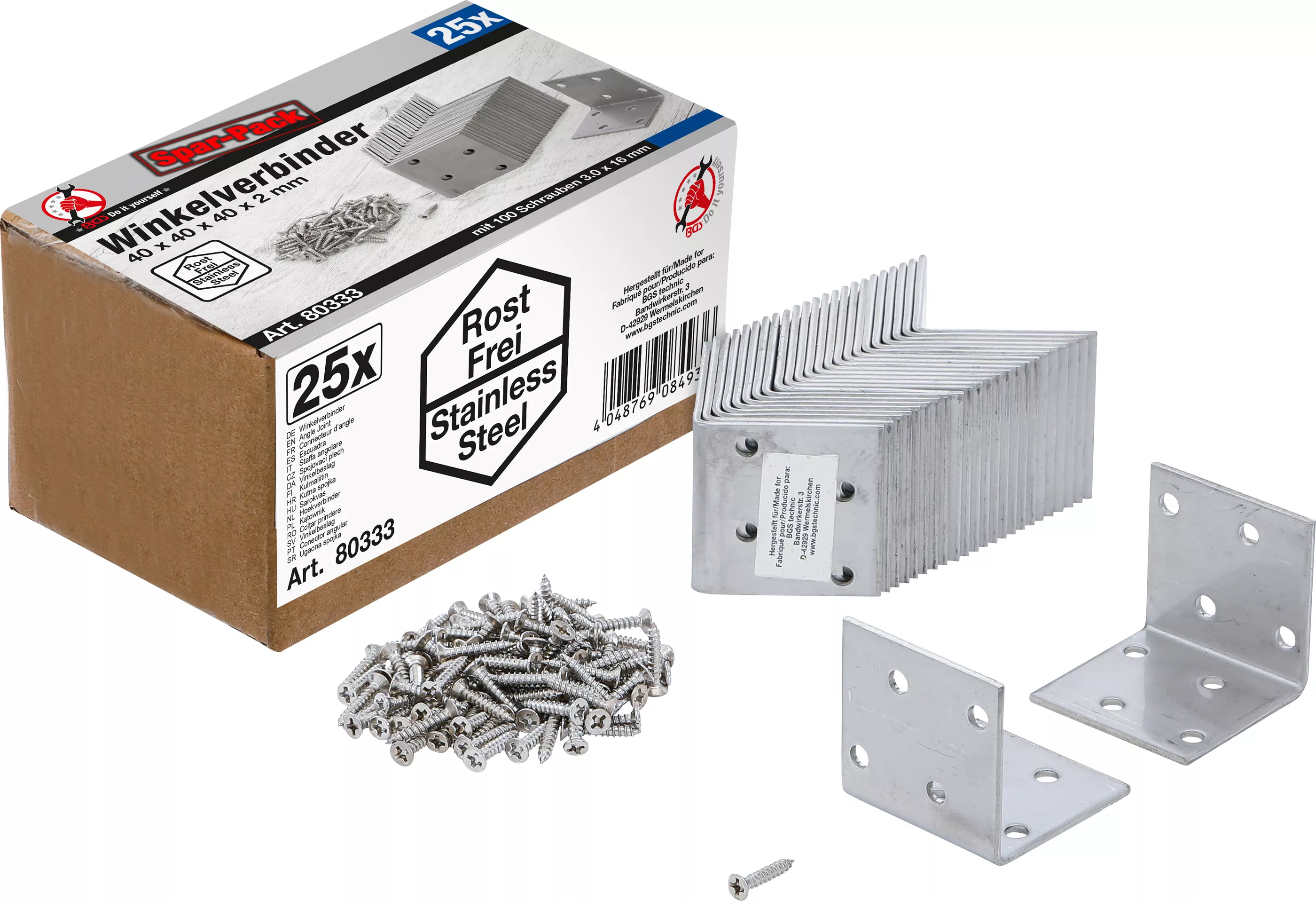 Vinkelbeslag | Rostfri | 40 x 40 x 40 mm | Sparförpackning | 25 stycken