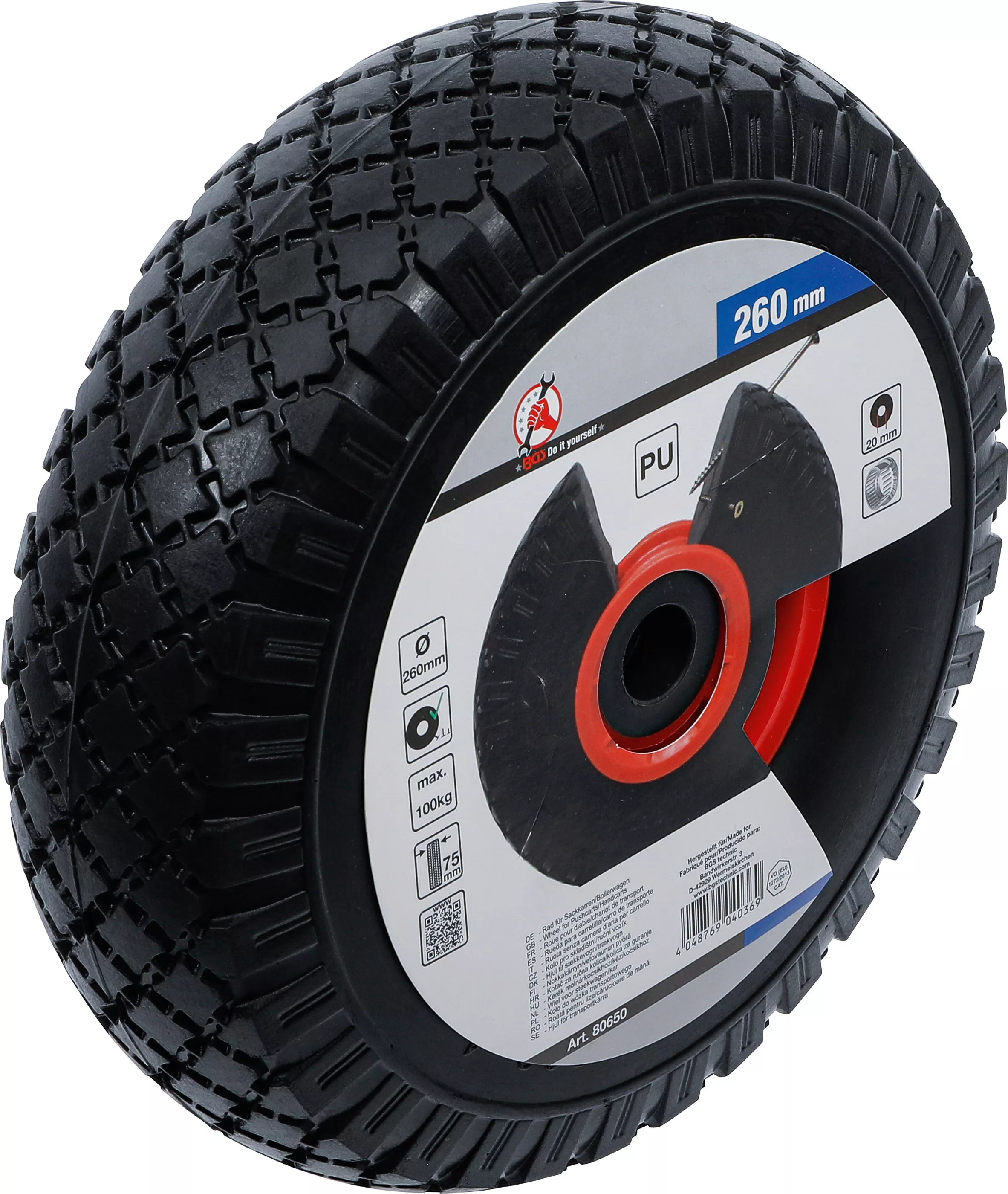 Hjul för transportkärra | PU, rött/svart | 260 mm