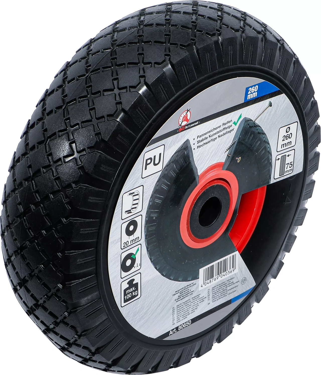 Hjul för transportkärra | PU, rött/svart | 260 mm