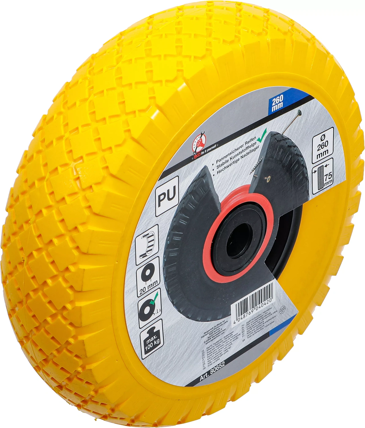 Hjul för transportkärra | PU, gult/svart | 260 mm