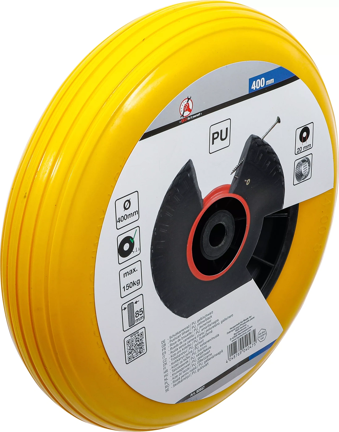 Skottkärrshjul | PU, gult/svart | 400 mm