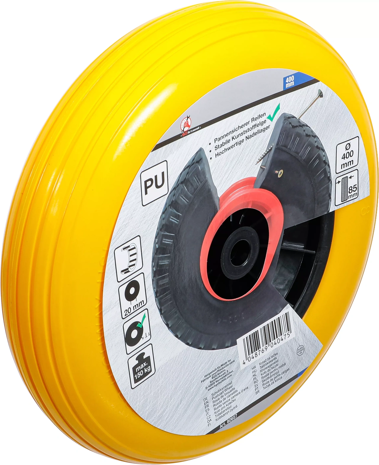 Skottkärrshjul | PU, gult/svart | 400 mm