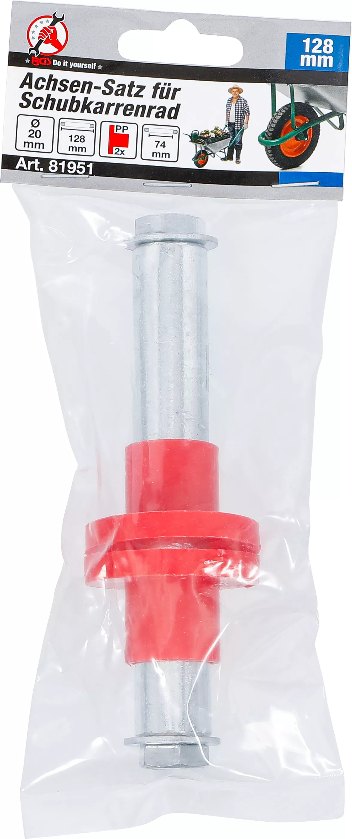 Axel-sats för skottkärrshjul | 128 mm | Ø 20 mm | Med 2 distanshylsor