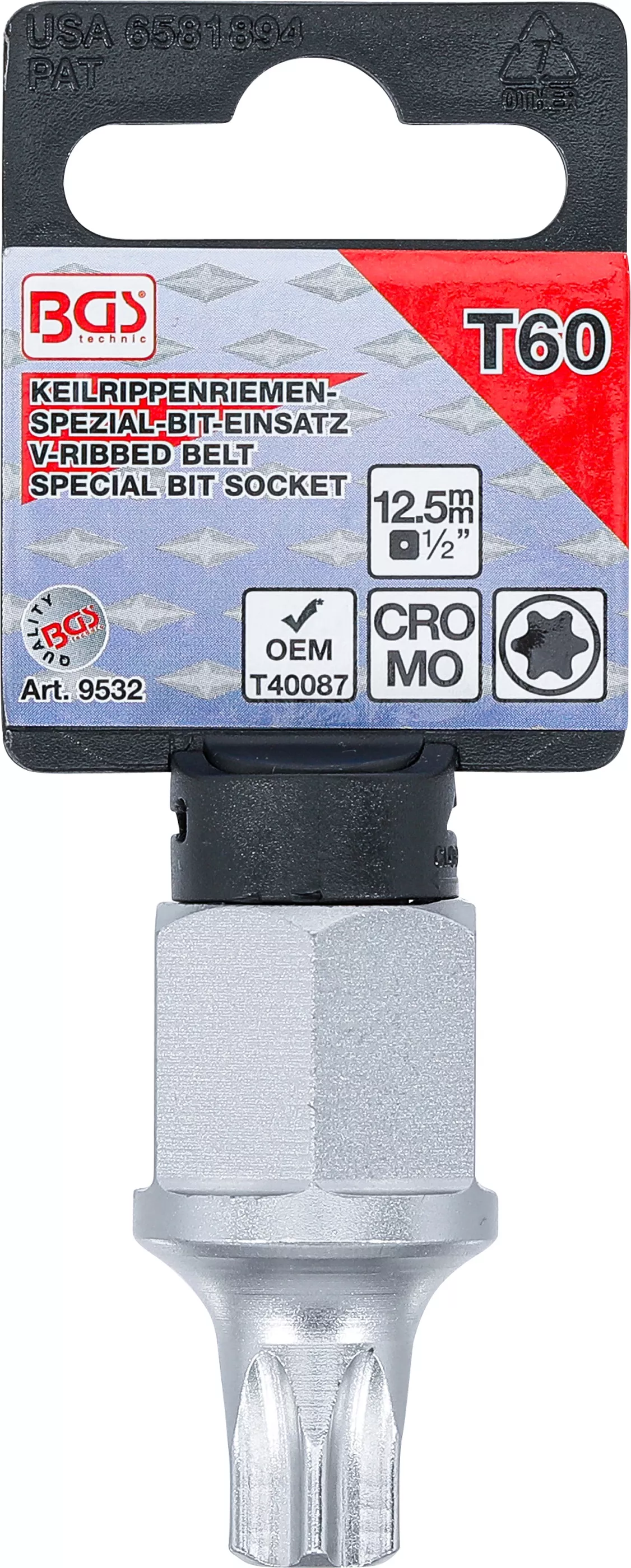 Flerspårsrem-Bit-Insats | 12,5 mm (1/2"), yttre sexkant 22 mm | T-Profil (för Torx) T60