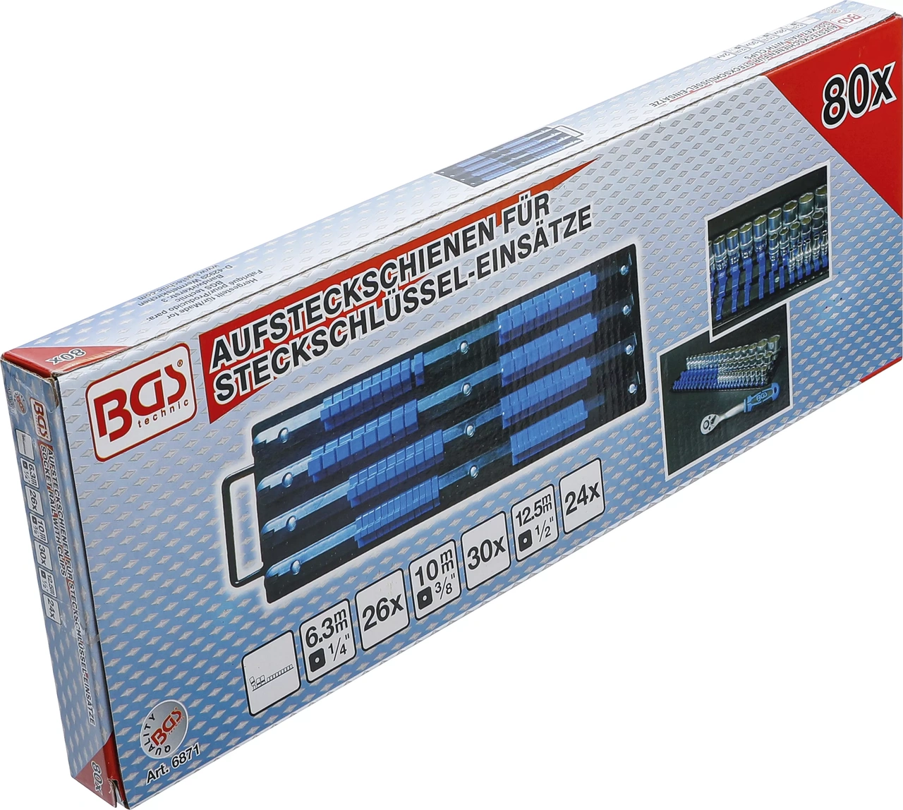 Hållarskena-sats för hylsor | Med 80 Clips | För hylsor 6,3 mm (1/4"), 10 mm (3/8"), 12,5 mm (1/2")