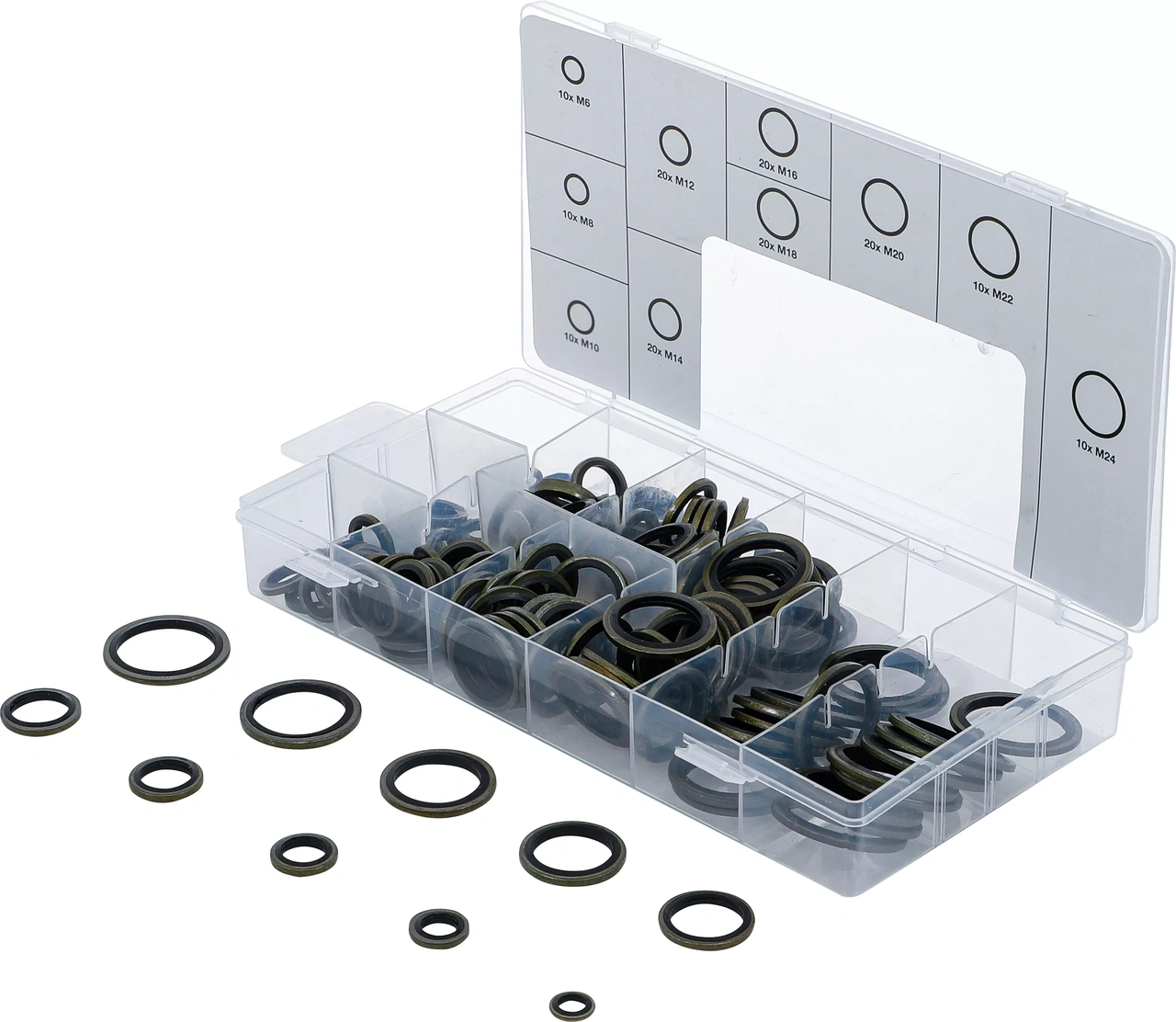 Tätningsring-Sortiment | Metall | Med gummi-tätningsvulst | 150 delar