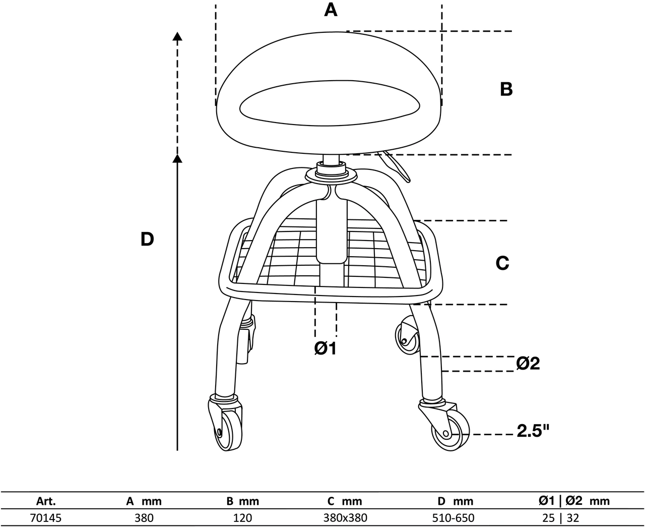 Verkstadsstol | med 4 rullar | höjdinställbar | 540 - 680 mm