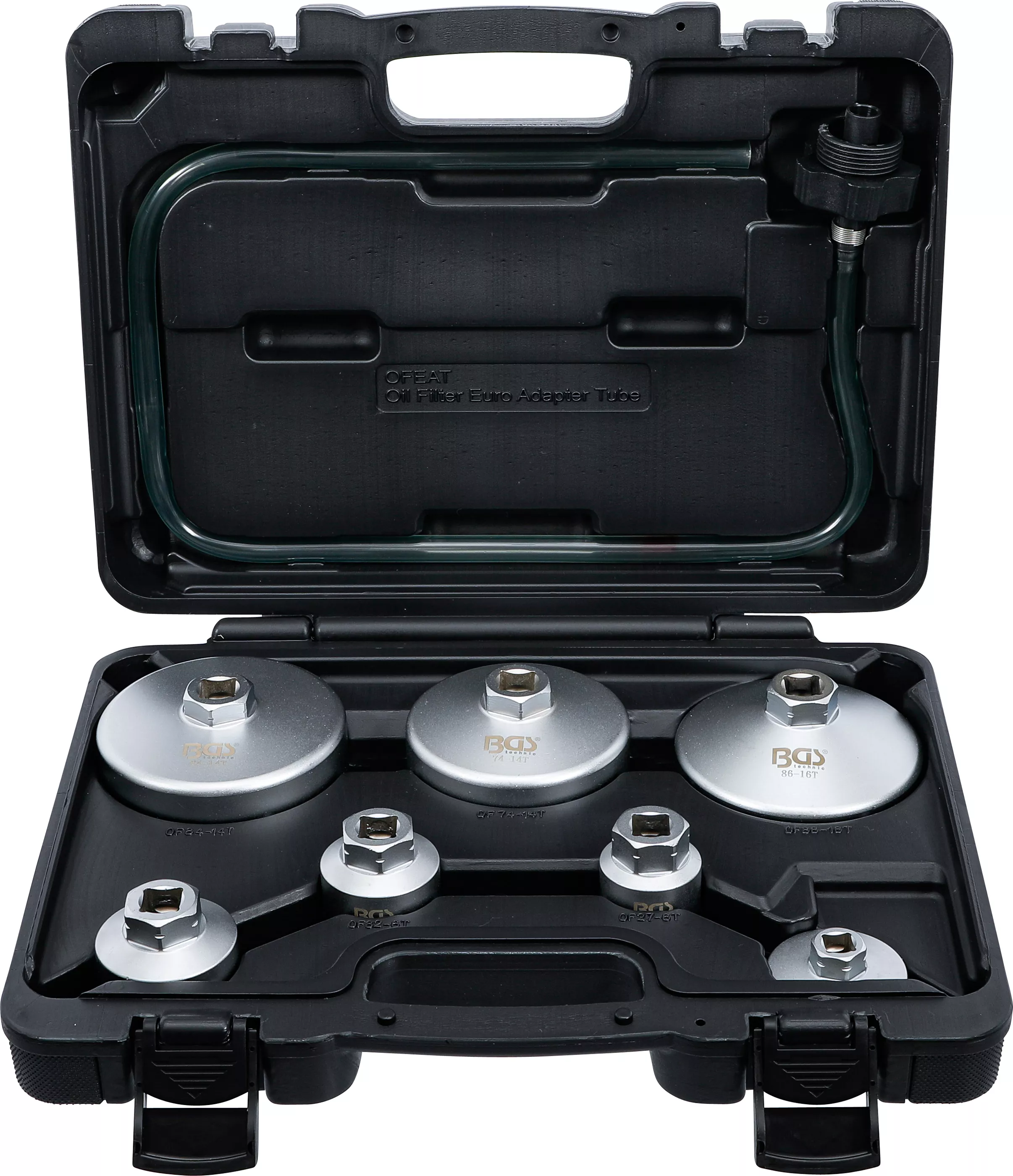 Oljefilternyckel-sats | med oljefilter-avtappningsslang | för VAG, BMW, Citroën, Peugeot, Ford, Mercedes-Benz, Opel, Volvo | 8 delar