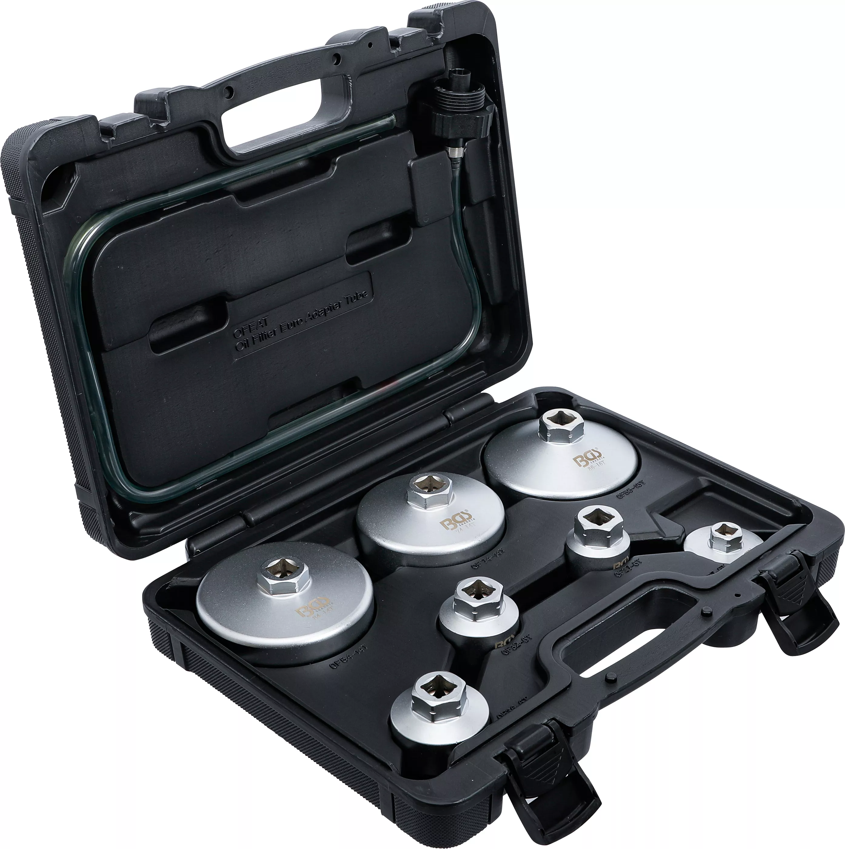 Oljefilternyckel-sats | med oljefilter-avtappningsslang | för VAG, BMW, Citroën, Peugeot, Ford, Mercedes-Benz, Opel, Volvo | 8 delar