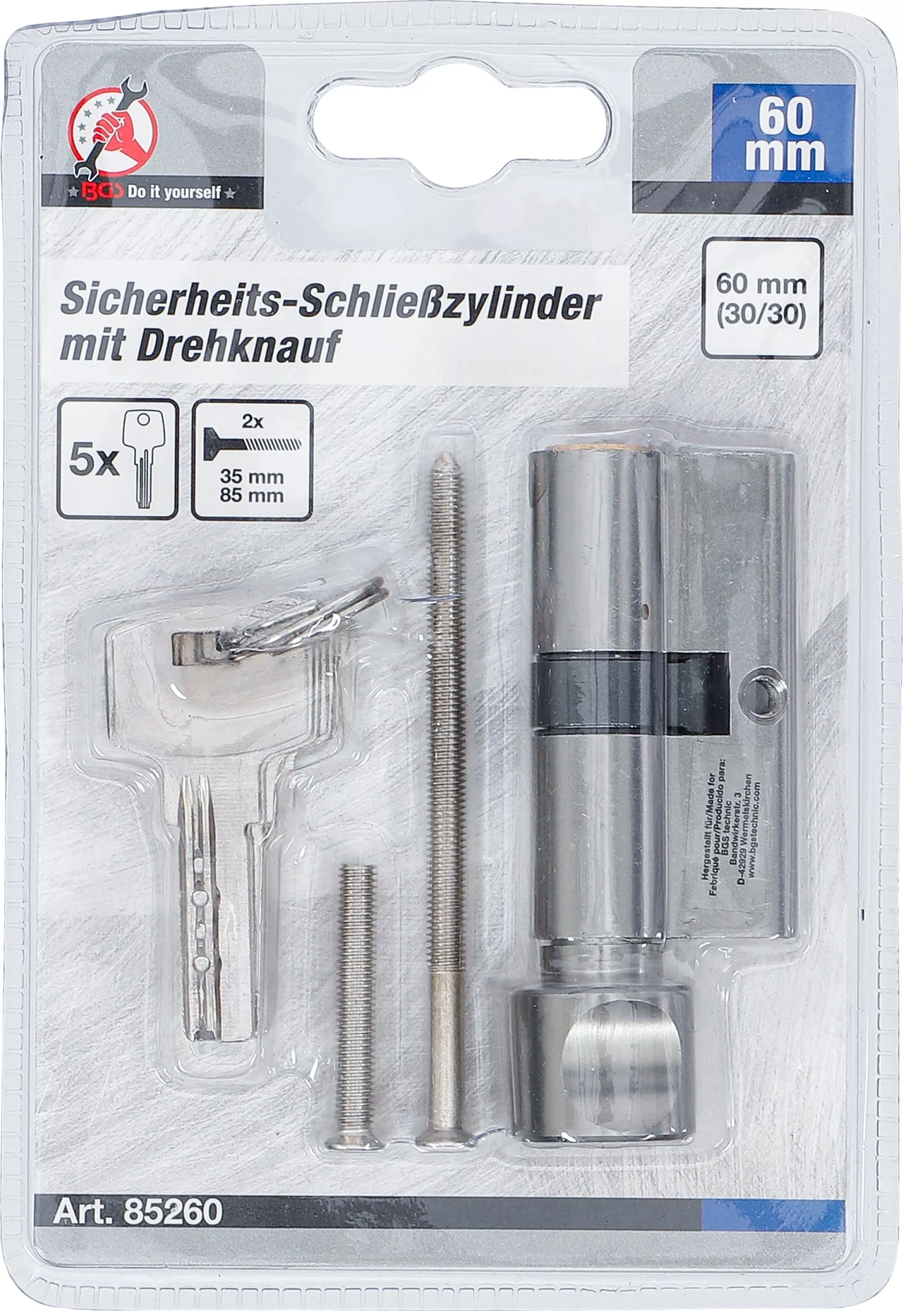 Säkerhetslåscylinder| med knopp | 60 mm