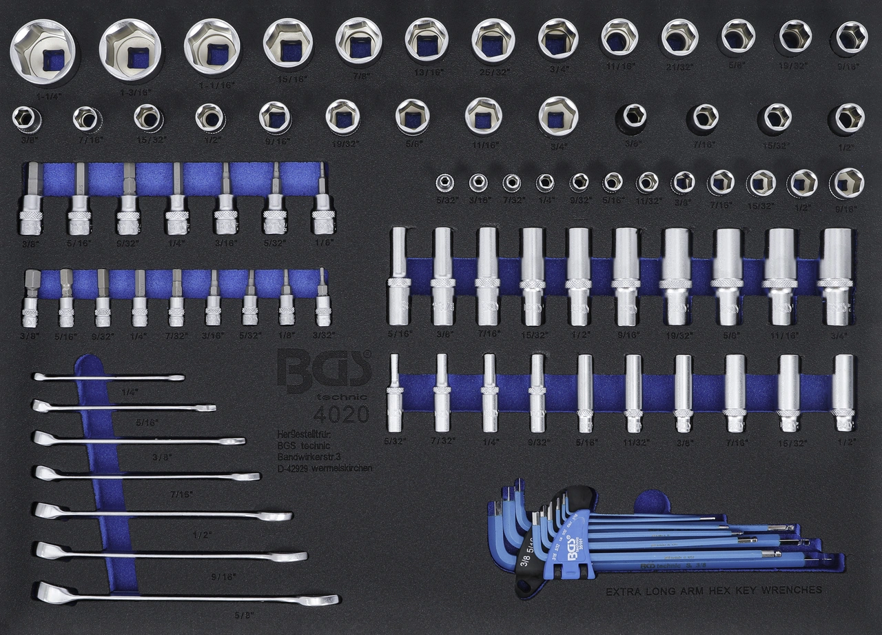Verkstadsvagninlägg 3/3: Hylsnyckel / U-ringnyckel | Tumsstorlekar | 90 delar