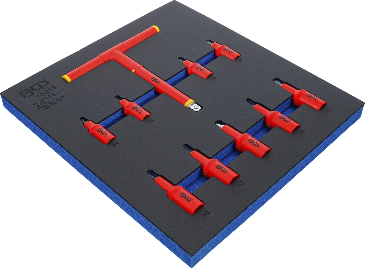 Verkstadsvagninlägg 2/3: VDE-bitshylsa-sats | 10 mm (3/8") / 12,5 mm (1/2") | inre sexkant 4 - 10 mm | 10 delar