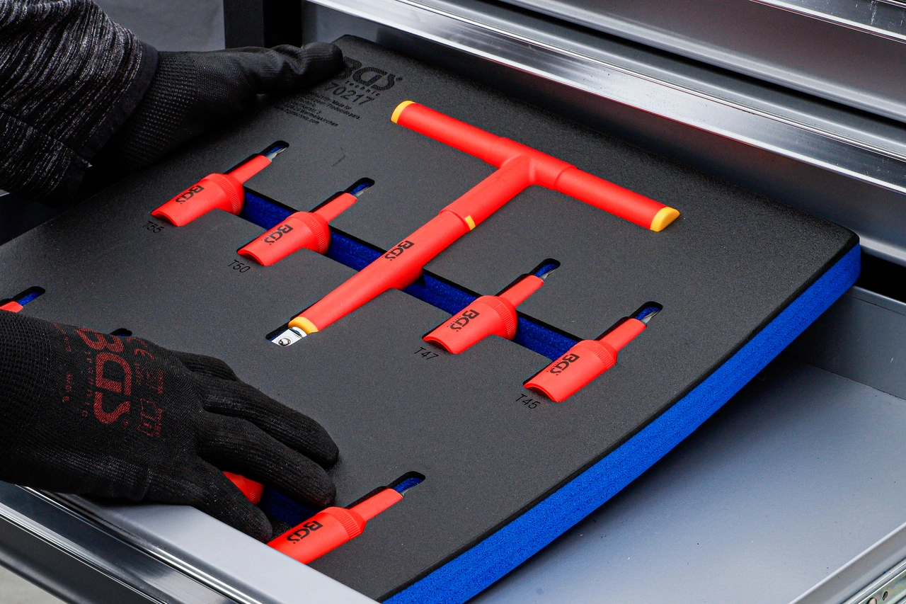 Verkstadsvagninlägg 2/3: VDE-bitshylsa-sats | 12,5 mm (1/2") | T-Profil (för Torx) T20 - T55 | 10 delar