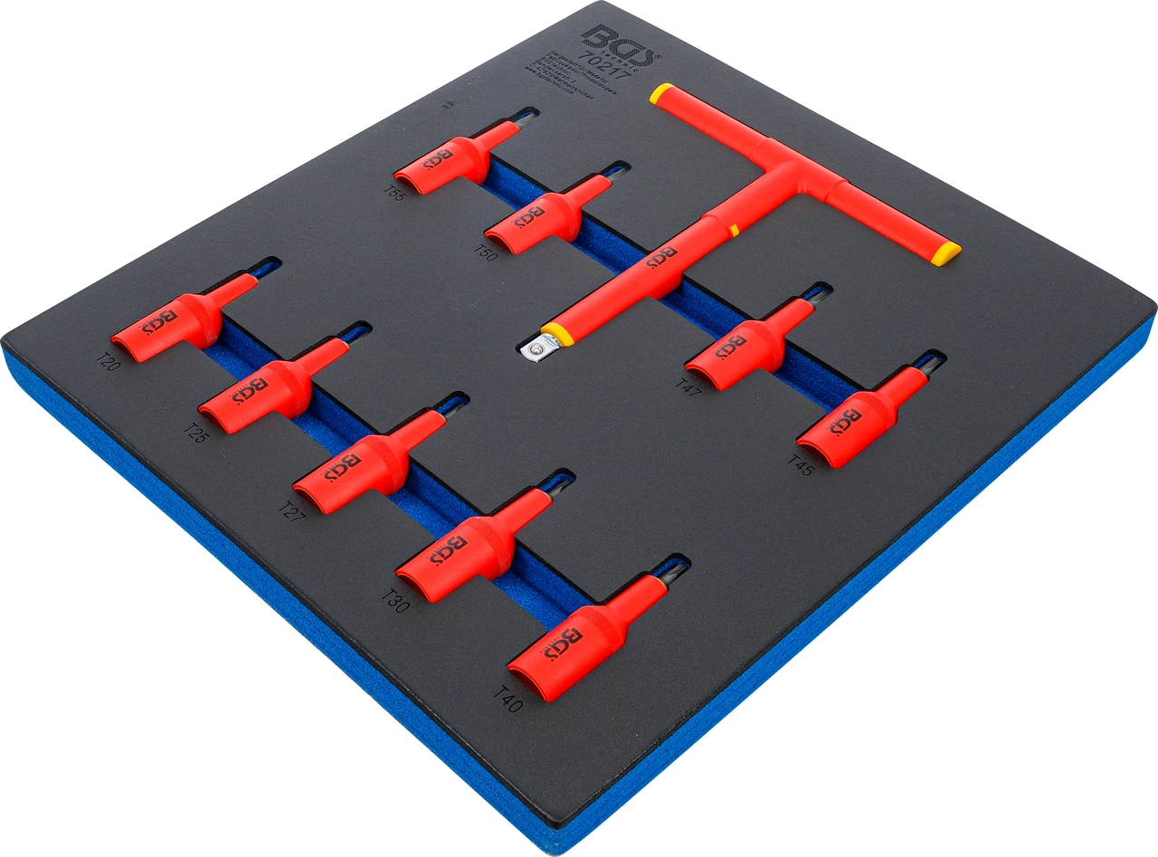 Verkstadsvagninlägg 2/3: VDE-bitshylsa-sats | 12,5 mm (1/2") | T-Profil (för Torx) T20 - T55 | 10 delar