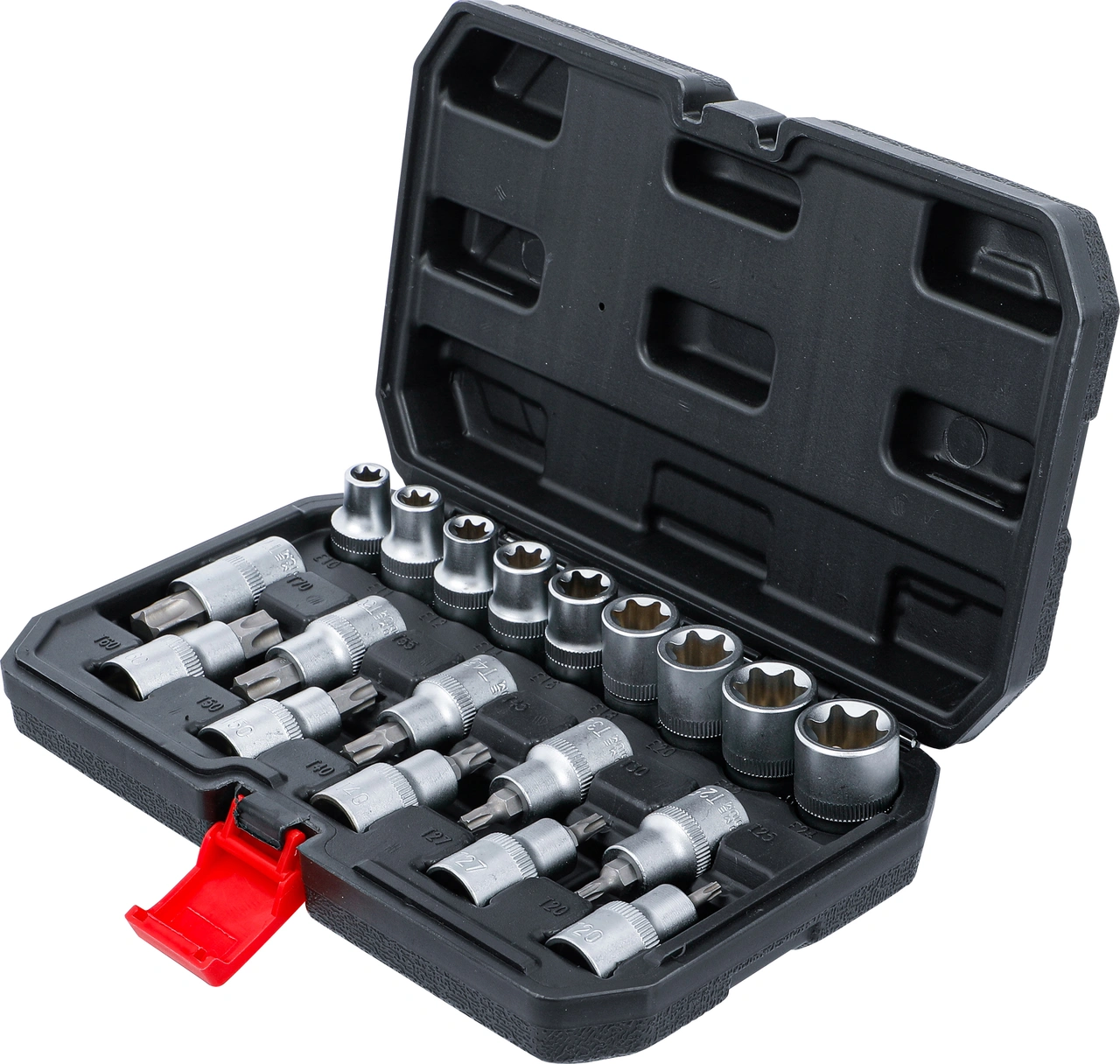 Bit-Insats-/hylsnyckel-sats | Inre sexkant 12,5 mm (1/2") | T-Profil (för Torx) / E-Profil | 19 delar