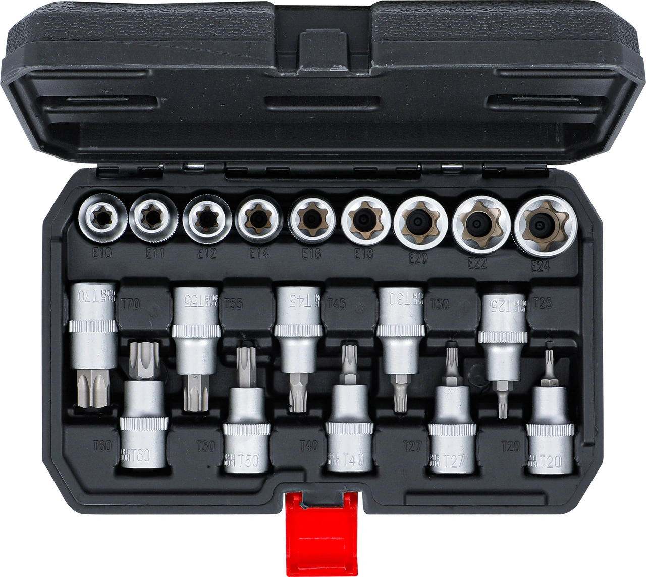 Bit-Insats-/hylsnyckel-sats | Inre sexkant 12,5 mm (1/2") | T-Profil (för Torx) / E-Profil | 19 delar