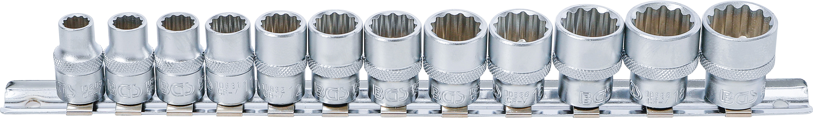 Hylsa-sats, Tolvkant | 10 mm (3/8") | 8 - 19 mm | 12 delar